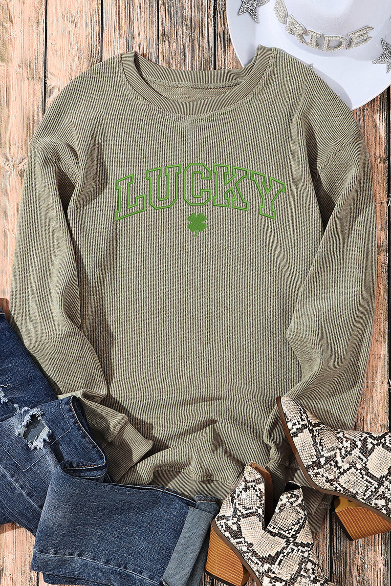 Green LUCKY Clover Graphic Corded Crewneck Sweatshirt