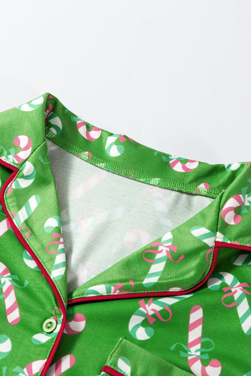 Green Christmas Candy Cane Print Pocketed Knotted Pajama Set