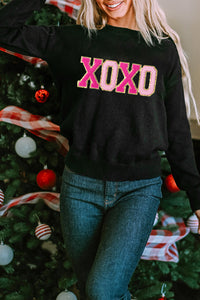 Black XOXO Glitter Print Round Neck Casual Sweater