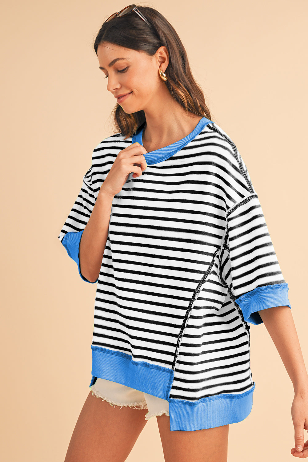 Sky Blue Stripe Contrast Drop Sleeve Loose Top