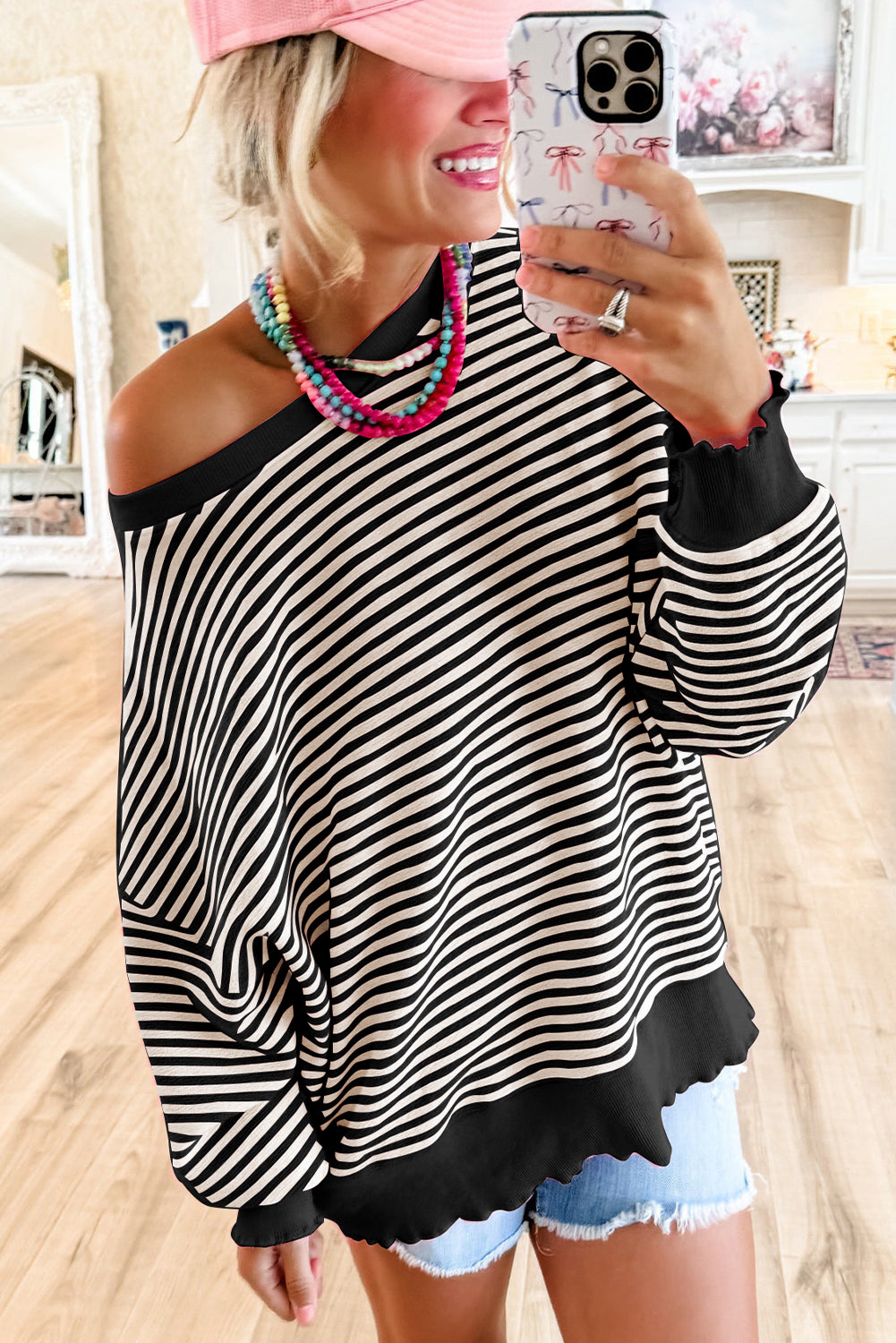 Pink Stripe Drop Shoulder Long Sleeve Top