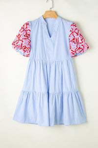 Sky Blue Stripe Contrast Floral Puff Sleeve Tiered Ruffle Dress