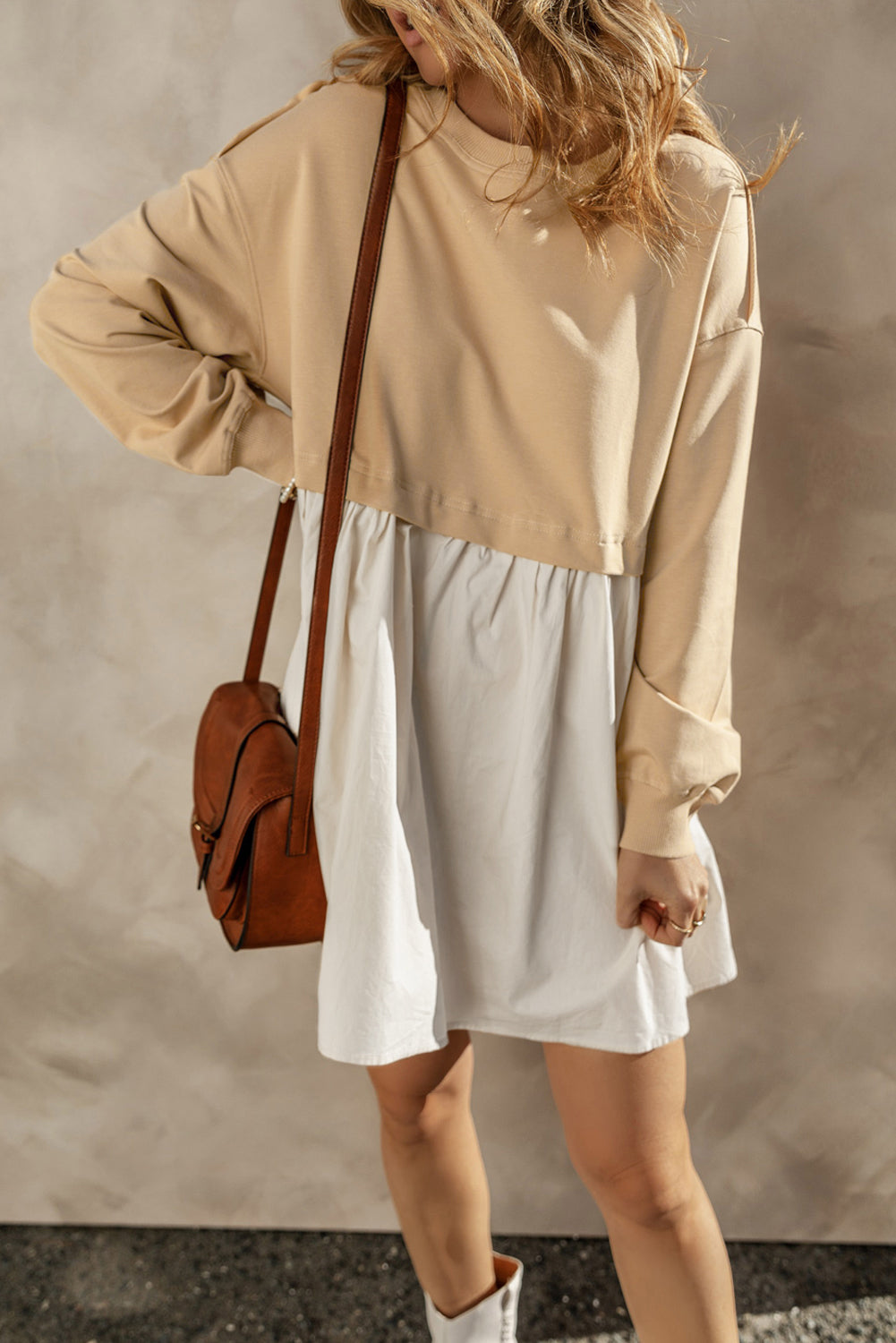 Pale Khaki Sweatshirt Poplin Mini Dress
