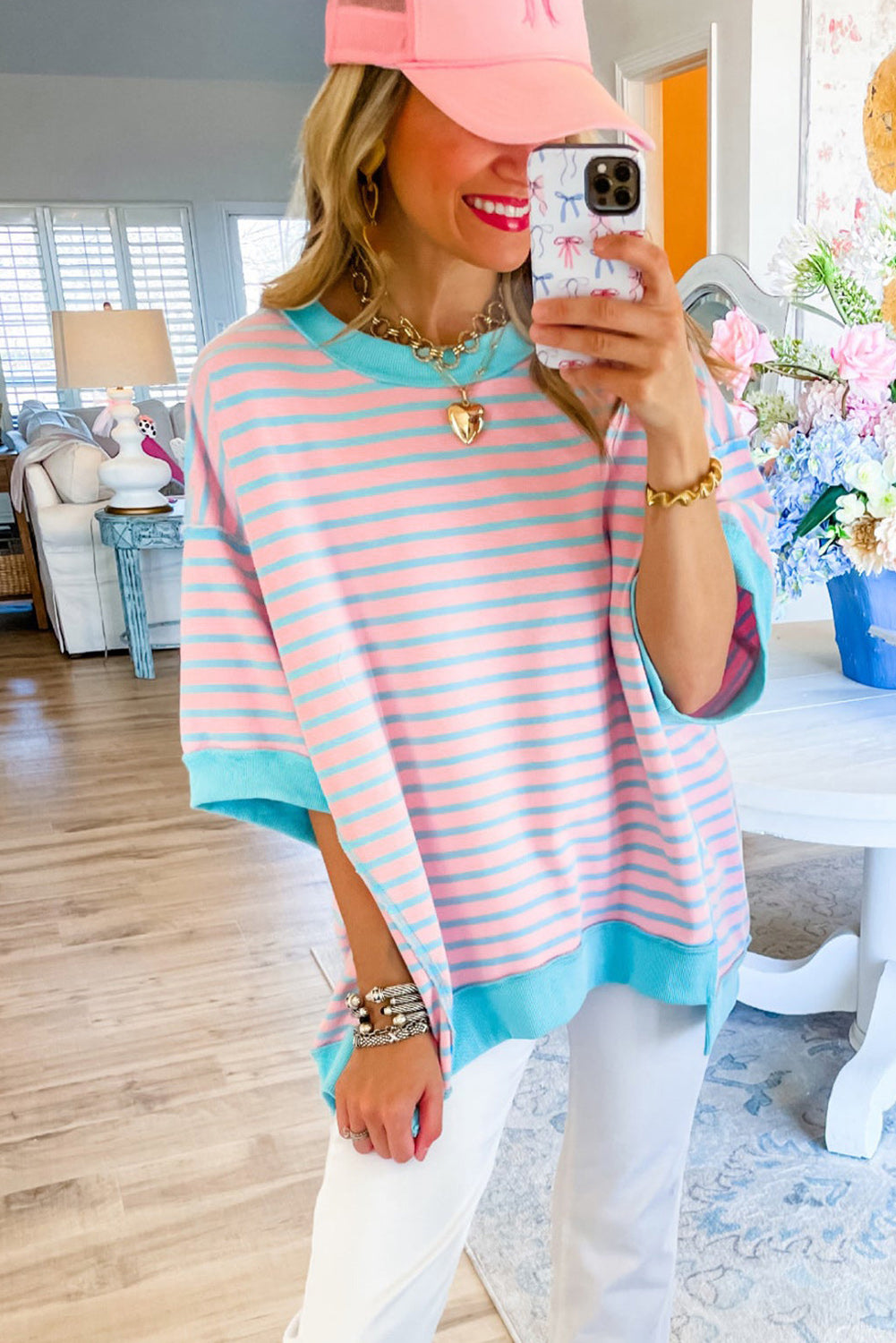 Sky Blue Stripe Contrast Drop Sleeve Loose Top