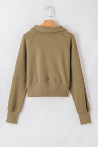 Brown Zip Up Stand Collar Thumbhole Sleeve Sweatshirt