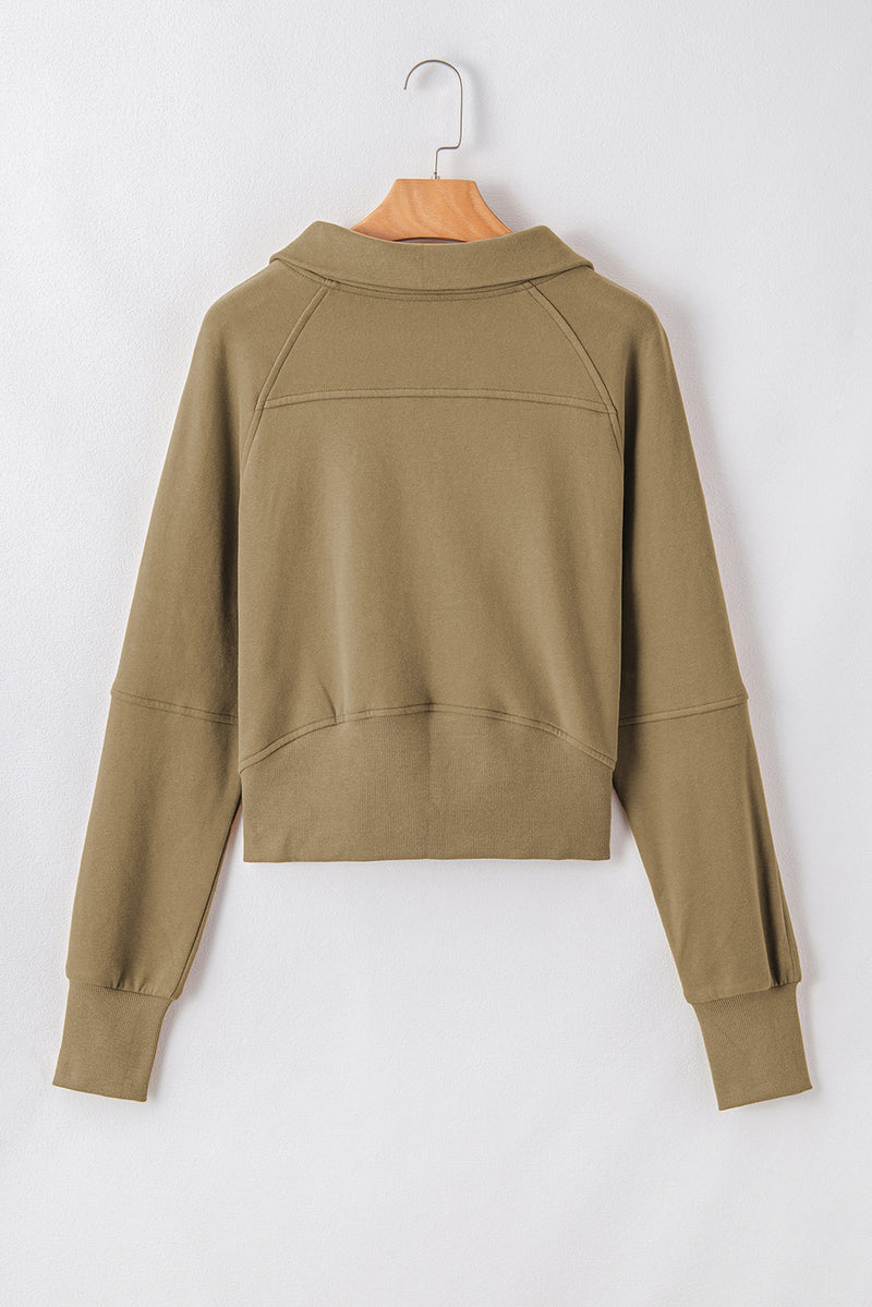 Brown Zip Up Stand Collar Thumbhole Sleeve Sweatshirt