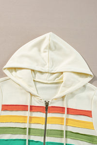 Apricot Colorblock Striped Patchwork Side Pockets Zipper Hoodie