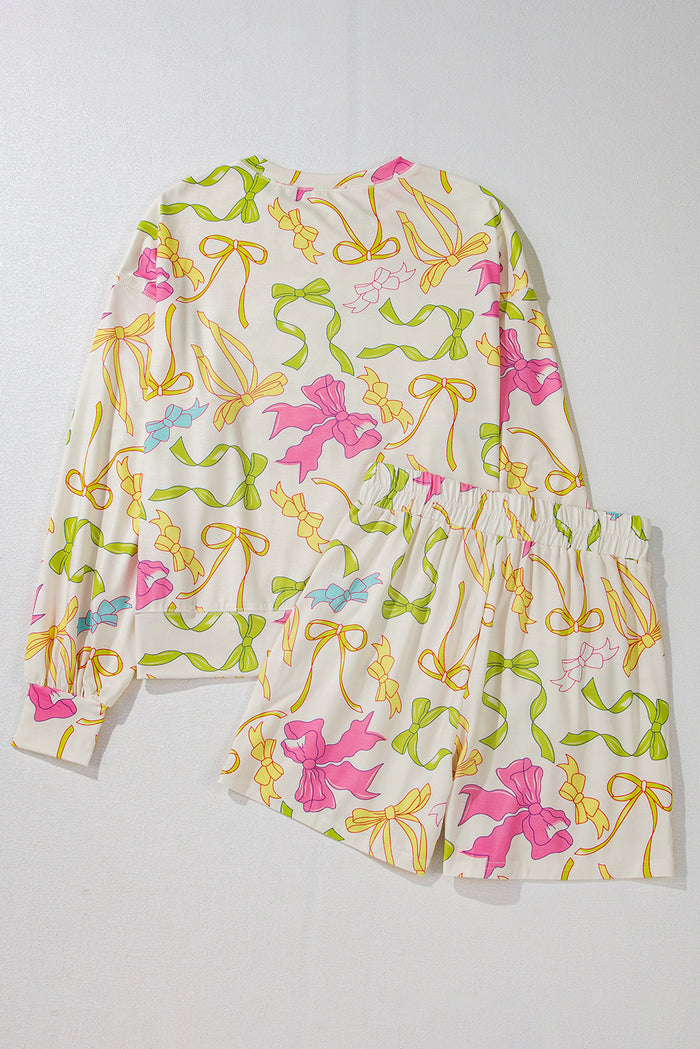 Multicolour Bowknot Pattern Long Sleeve Top and Shorts Set