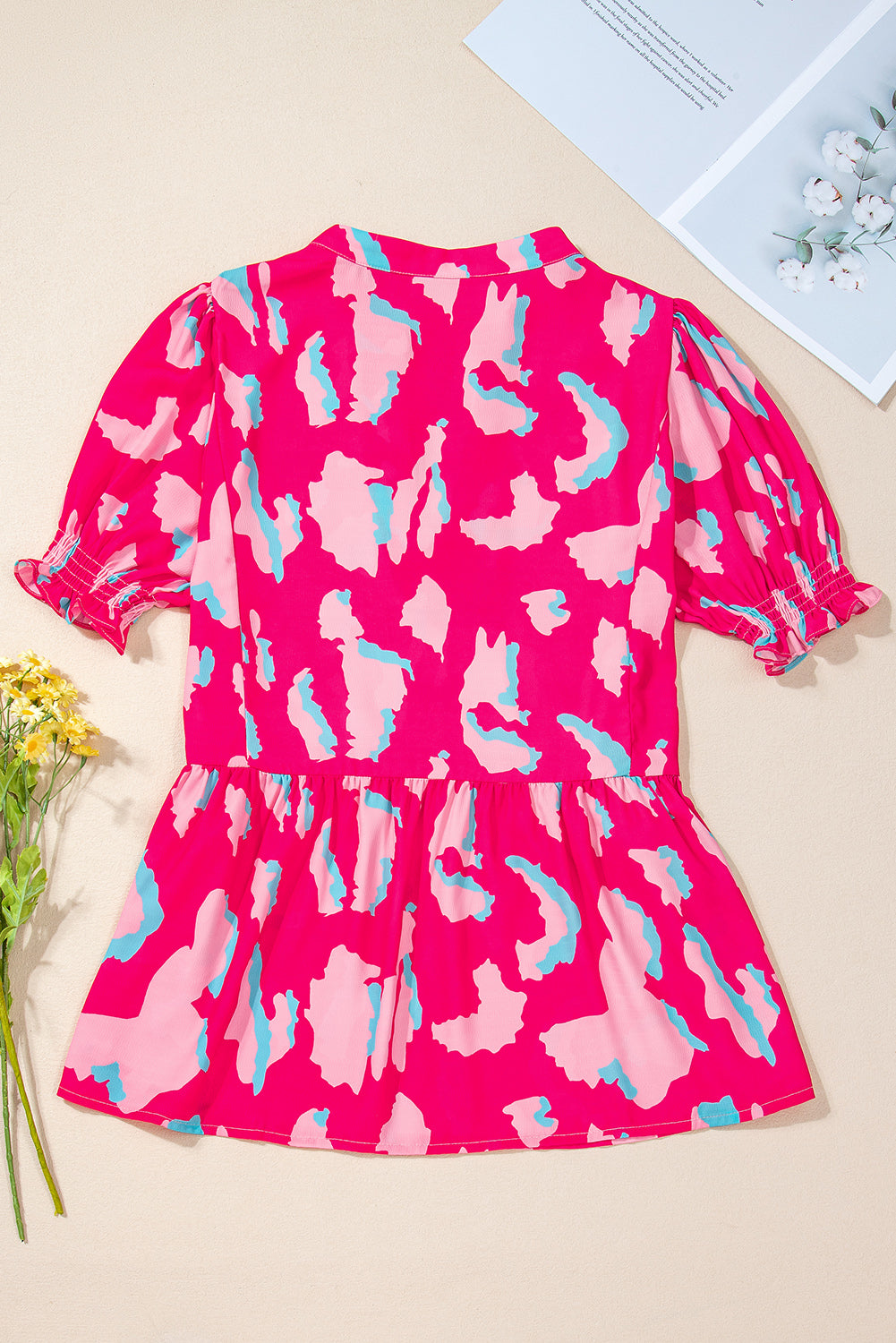 Rose Abstract Print Smocked Puff Sleeve V Neck Blouse