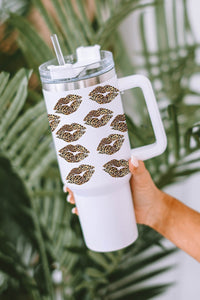White Valentine Leopard Lips Print Thermos Cuo with Straw 1200ml