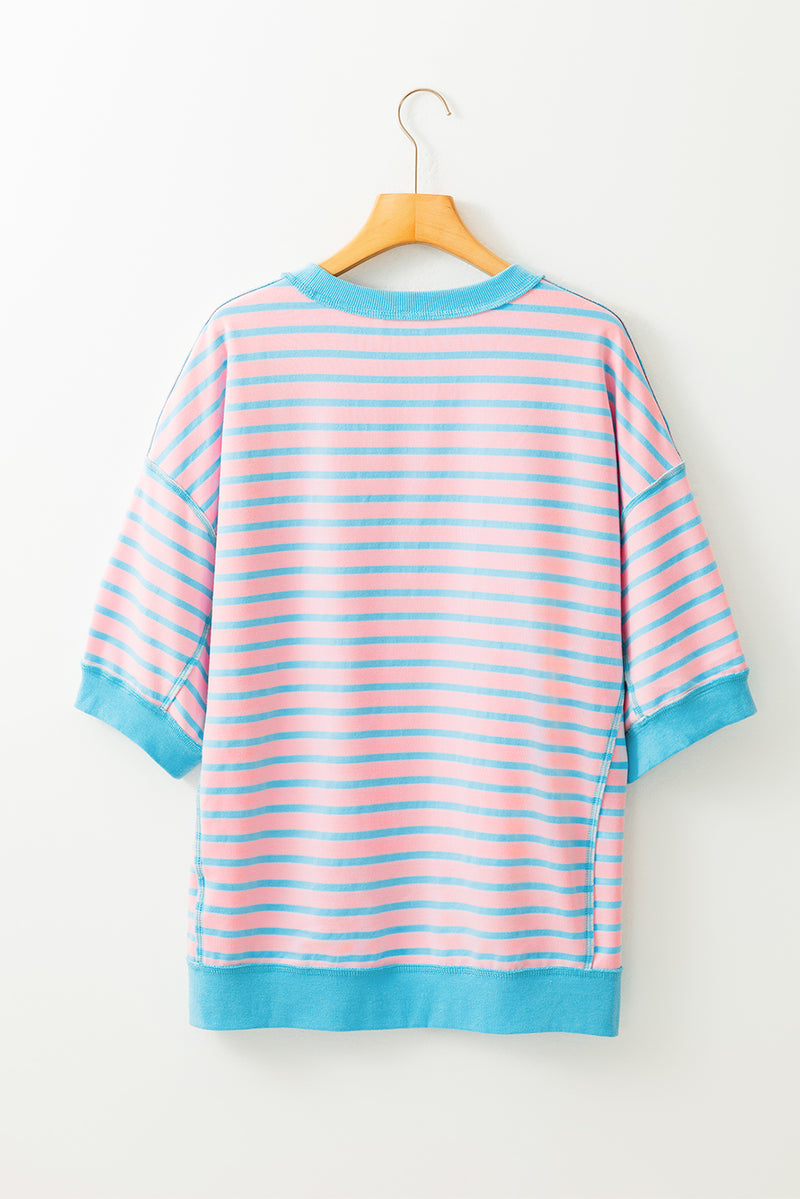 Pink Stripe Oversized Contrast Trim Exposed Seam High Low T Shirt