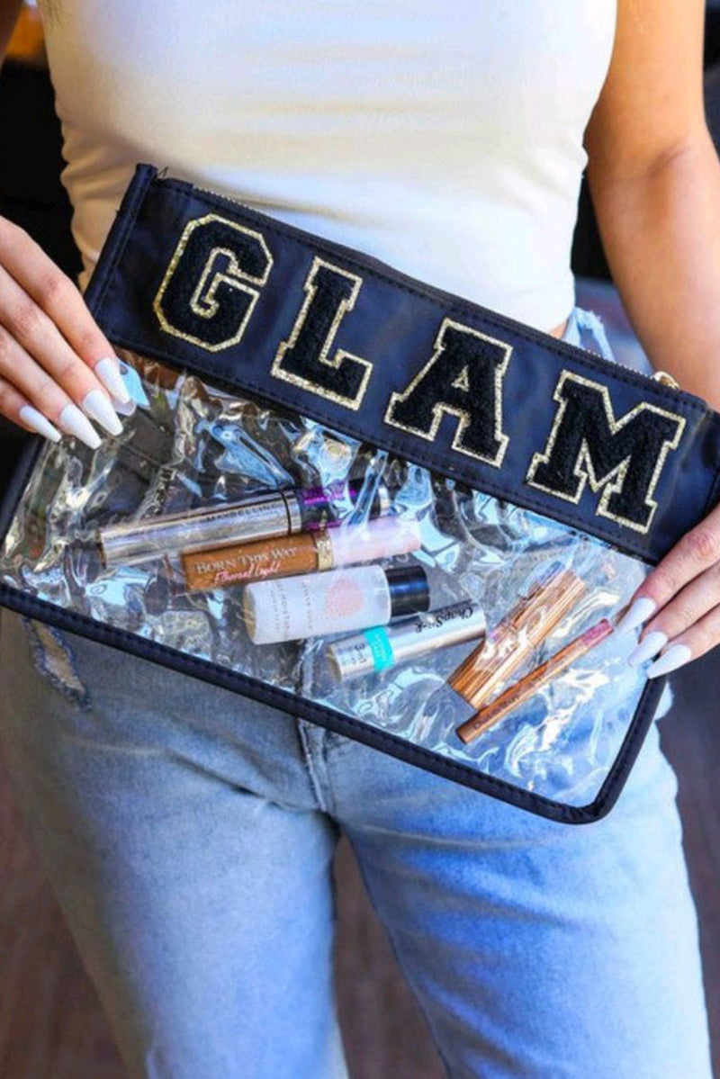 Black GLAM Chenille Embroidered Clear Zipper Makeup Bag