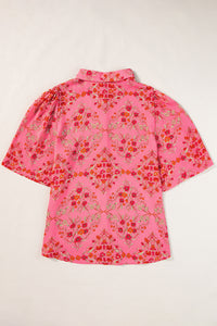 Rose Red Floral Print Wide Short Sleeve Loose Shirt