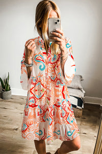 White Ethnic Print Boho Button Tiered Mini Dress