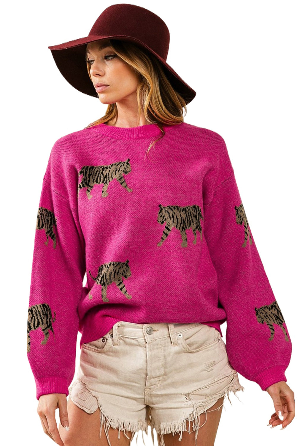 Rose Red Leopard Pattern Drop Shoulder Knit Sweater