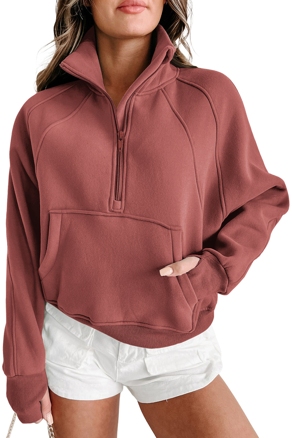 Brown Zip Up Stand Collar Thumbhole Sleeve Sweatshirt