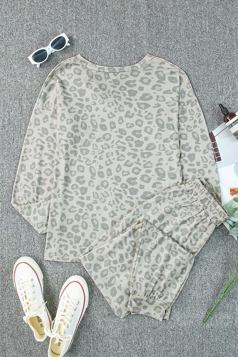 Cheetah Casual Long Sleeve Top & Drawstring Joggers Loungewear Set