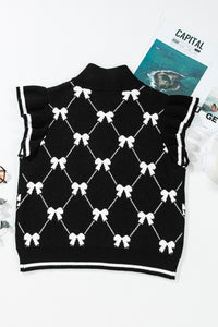 Black Preppy Vibes Bow Print Zipped Collar Sweater Tee