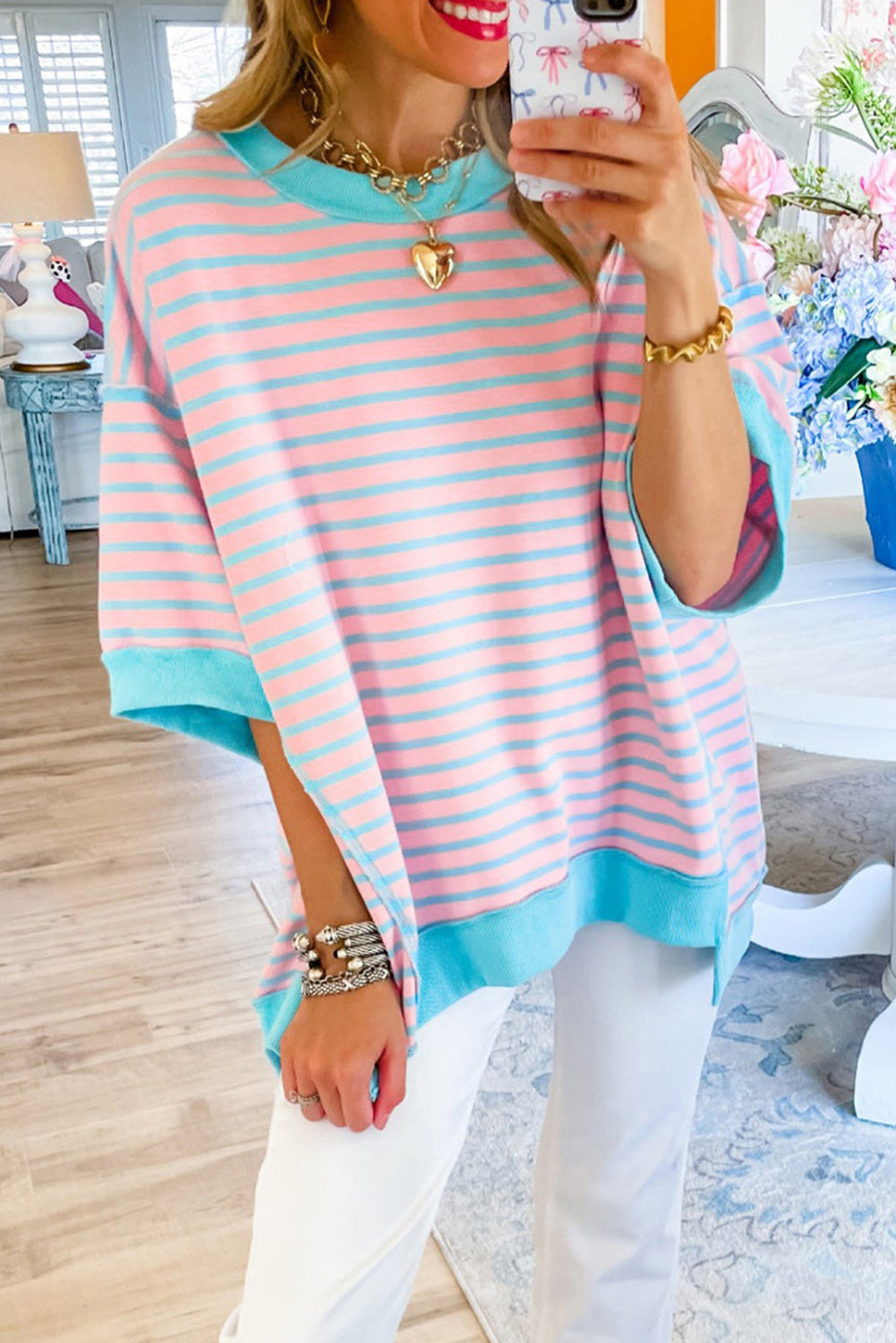 Sky Blue Stripe Contrast Drop Sleeve Loose Top