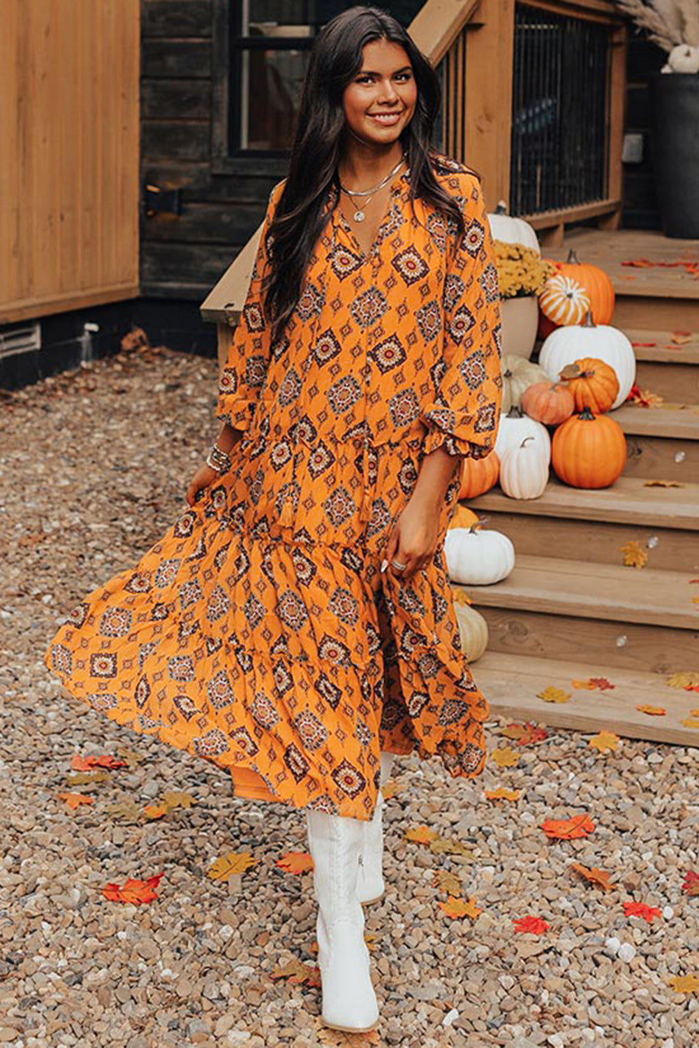 Orange Western Geometric Print Tiered Frilled Loose Fit Midi Dress