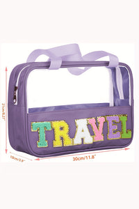 Purple TRAVEL Chenille Letter Clear PVC Makeup Bag