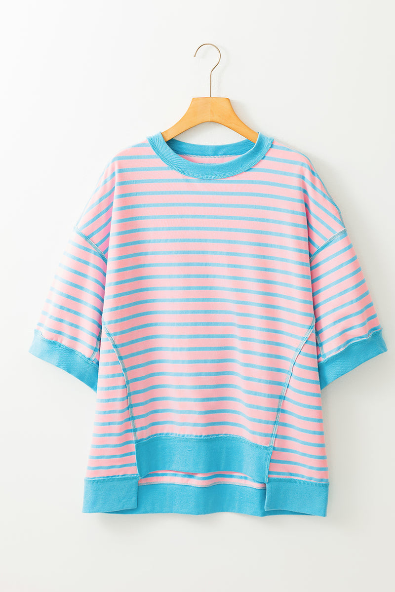 Sky Blue Stripe Contrast Drop Sleeve Loose Top