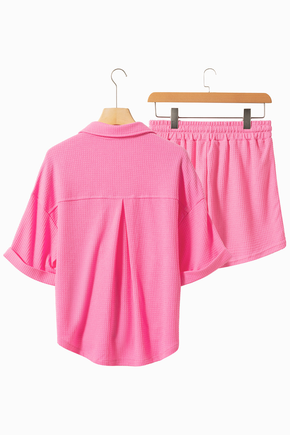 Bright Pink Textured Chest Pocket Half Sleeve Shirt Shorts Outfit