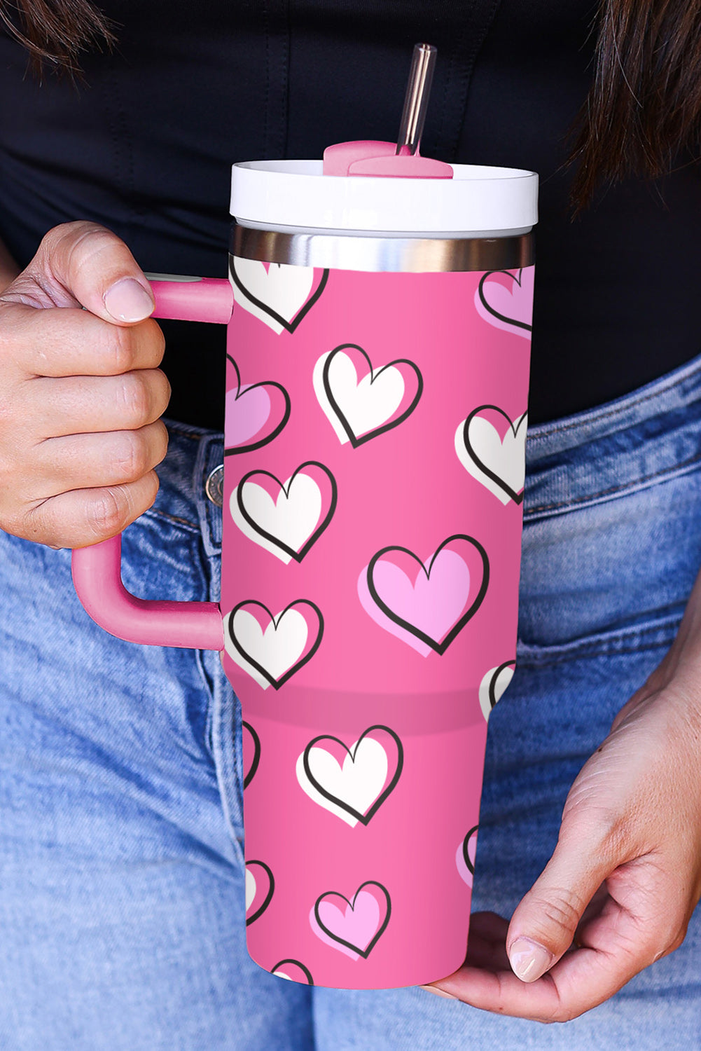 Rose Red Valentines Heart Printed Thermos Cup with Handle 1200ml