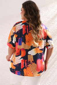 Multicolour Abstract Print V Neck Short Sleeve Plus Size Blouse