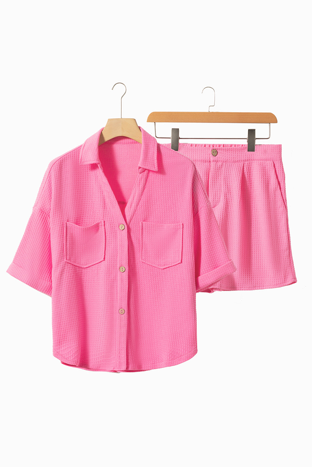 Bright Pink Textured Chest Pocket Half Sleeve Shirt Shorts Outfit