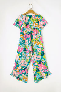 Green Mix Tropical Print Strapless Ruffled Jumpsuit