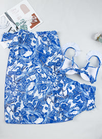 White 3pcs Flower Print Ruffled Bikini with Cover up