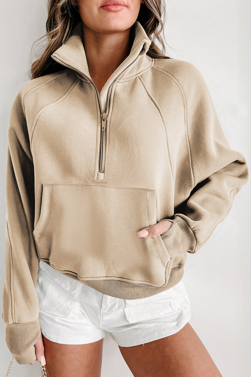 Brown Zip Up Stand Collar Thumbhole Sleeve Sweatshirt