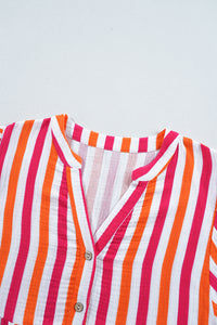 Orange Stripe Balloon Sleeve Notched V Neck Buttoned Front Blouse