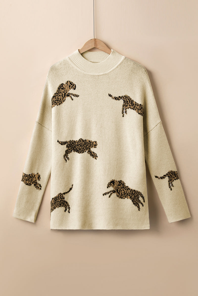 Parchment Lively Cheetah Print High Neck Split Hem Sweater