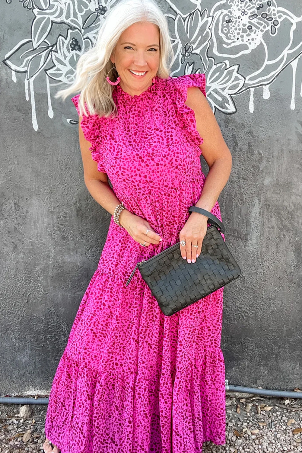 Rose Red Leopard Print Ruffle Sleeveless Maxi Dress