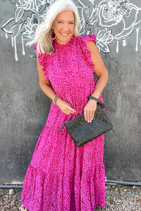 Rose Red Leopard Print Ruffle Sleeveless Maxi Dress