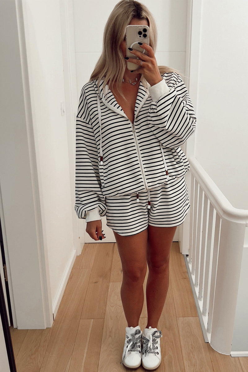 White Printed Striped Zip Up Hoodie and Shorts Set