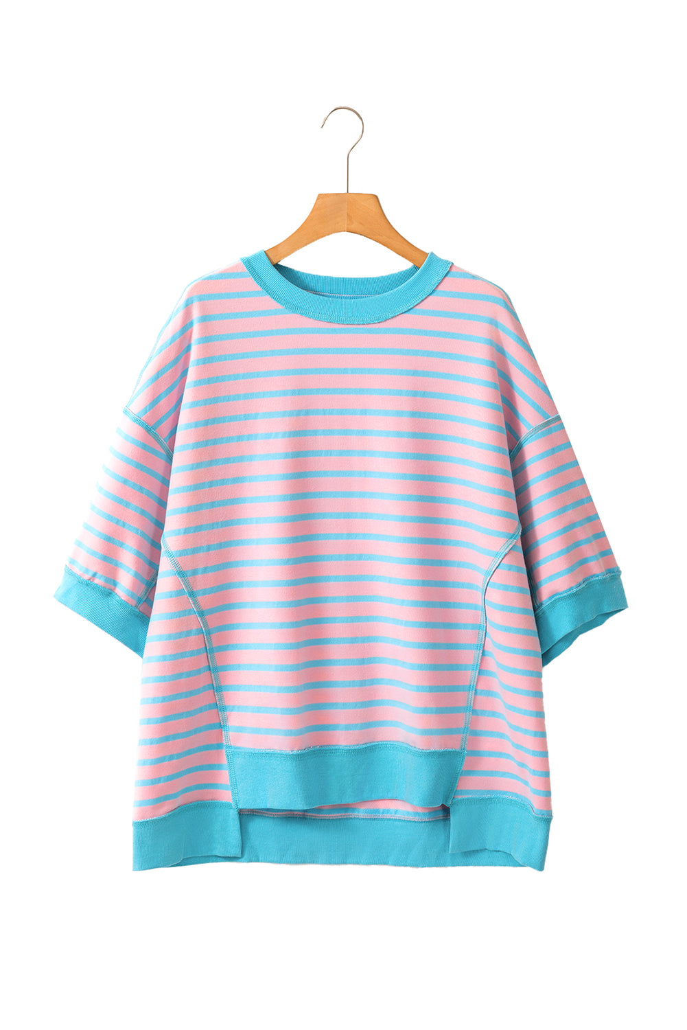 Sky Blue Stripe Contrast Drop Sleeve Loose Top