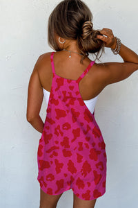 Rose Red Leopard Pocketed V Neck Sleeveless Romper