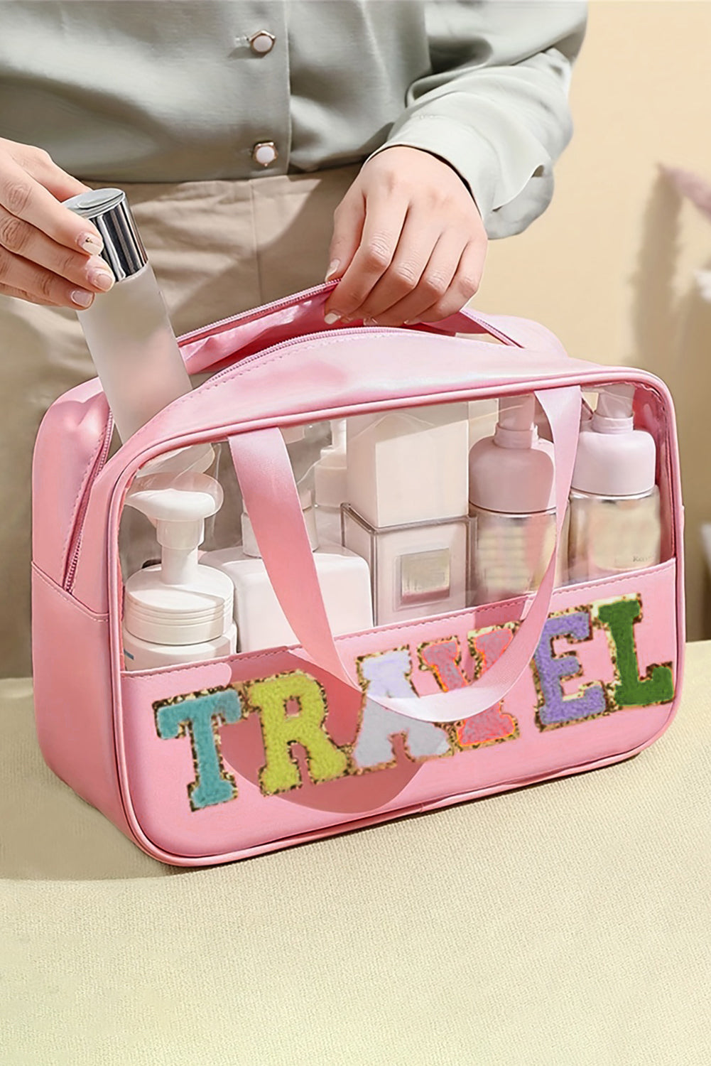 Light Pink TRAVEL Chenille Letter Clear PVC Makeup Bag
