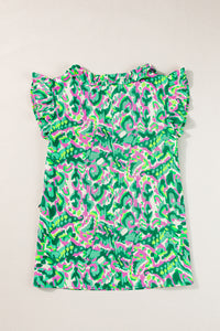 Green Abstract Print Ruffled Trim Tied Split Neck Tank Top