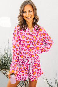 Pink Leopard Print Long Sleeve Shirt and Shorts Pajama Set