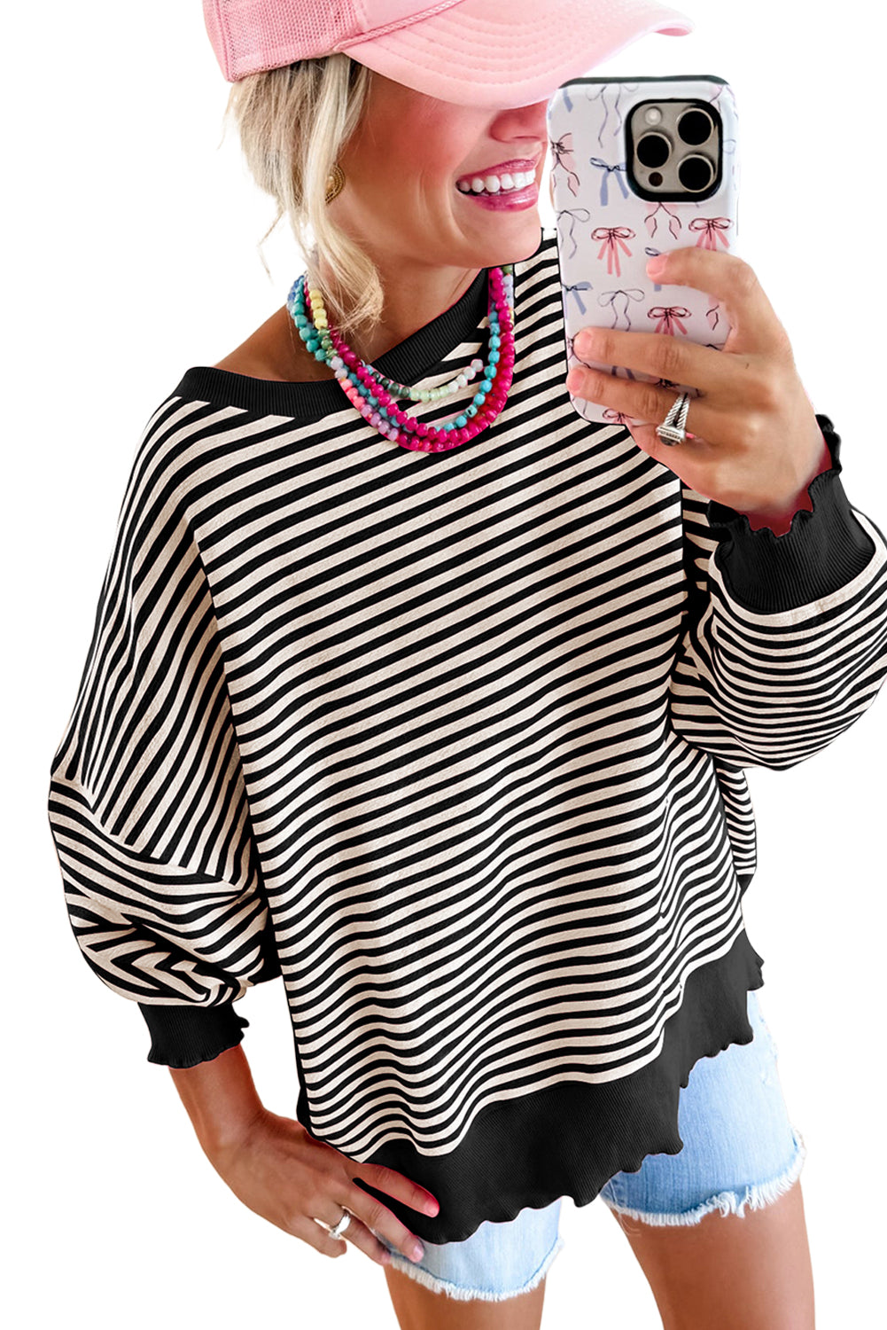 Pink Stripe Drop Shoulder Long Sleeve Top