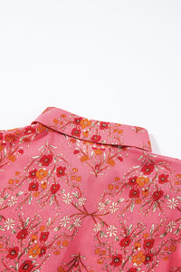 Rose Red Floral Print Wide Short Sleeve Loose Shirt