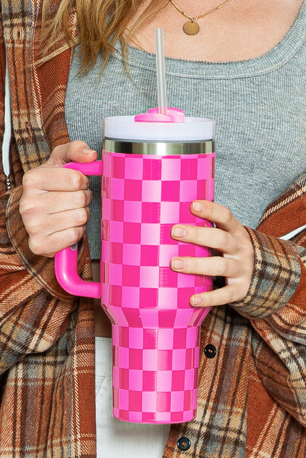 Bright Pink Checkered Print Handled Stainless Steel Tumbler Cup 40oz