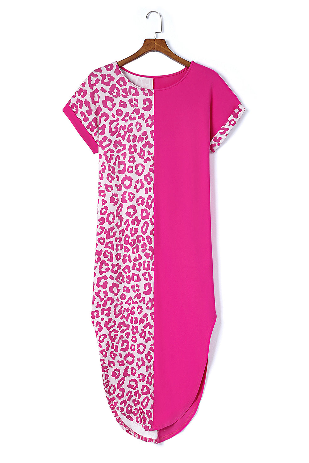 Rose Contrast Solid Leopard Short Sleeve T-shirt Dress with Slits