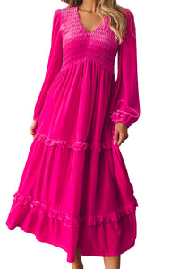Rose Red Shirred V Neck Long Sleeve Velvet Dress