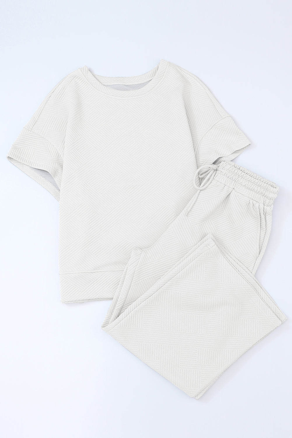 White Textured Loose Fit T Shirt and Drawstring Pants Set
