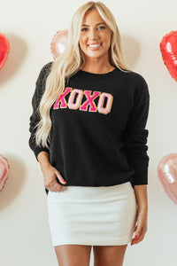 Black XOXO Glitter Print Round Neck Casual Sweater